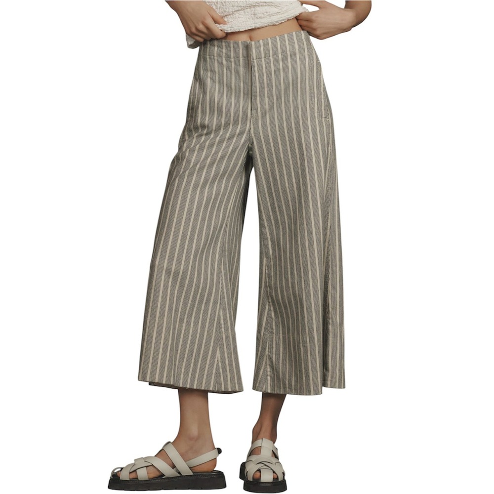 Anthropologie Pilcro Foxglove Blue White Striped Mid Rise Flare Crop Pant Sz 29